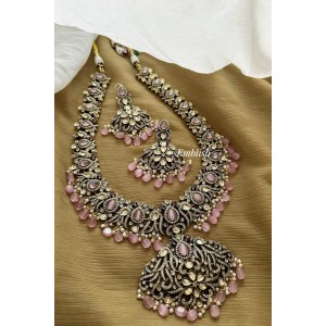 Royal Victorian Flower Beautiful Peacock Long Neckpiece - Pastel Pink