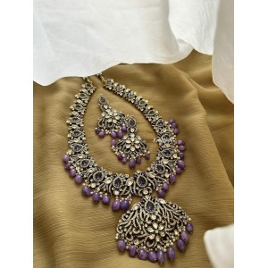 Royal Victorian Flower Beautiful Peacock Long Neckpiece - Purple