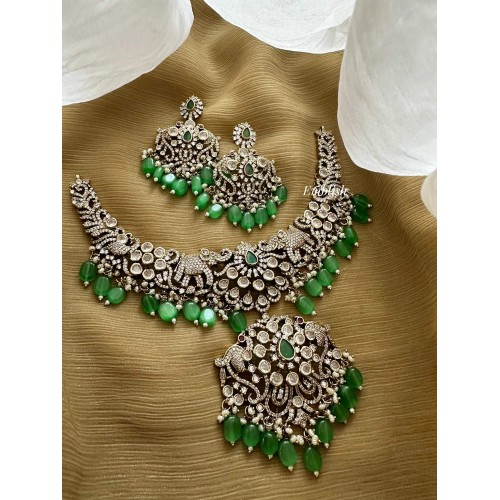 Victorian Flower Double Haathi Peacock Short Neckpiece - Green