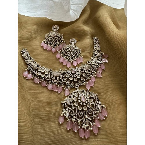 Victorian Flower Double Haathi Peacock Short Neckpiece - Pastel Pink