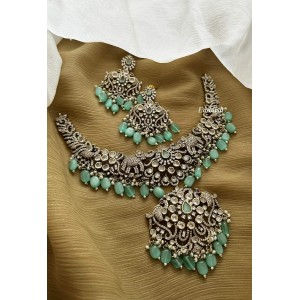 Victorian Flower Double Haathi Peacock Short Neckpiece - Pastel Blue