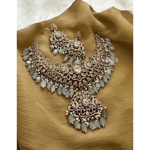 Royal Victorian Flower with Dancing Peacock Neckpiece - Grey