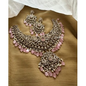 Royal Victorian Flower with Dancing Peacock Neckpiece - Pastel Pink