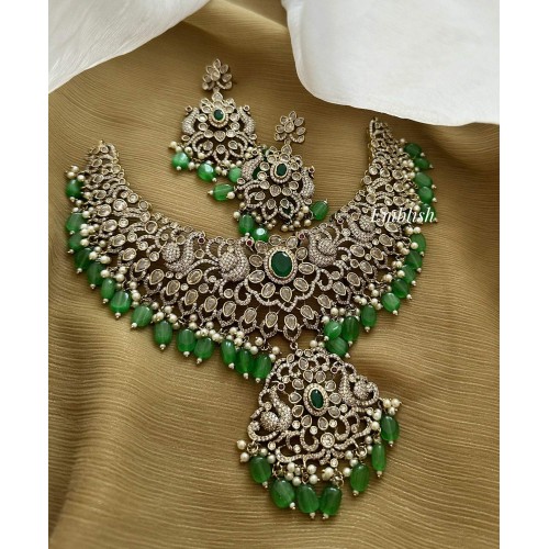 Royal Victorian Flower with Dancing Peacock Neckpiece - Green