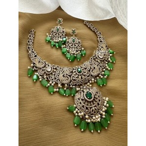 Victorian Flower with Double  Peacock  Intricate Short Neckpiece - Green