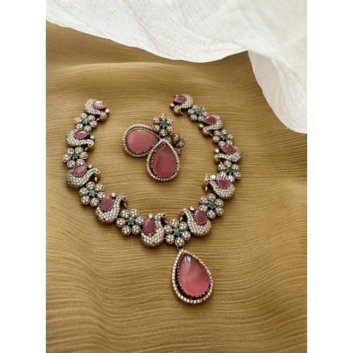 Victorian Flower Peacock Tear drop Neckpiece -Pink 2.0