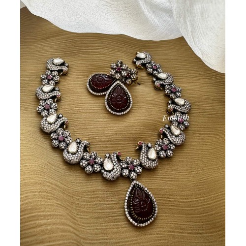 Victorian Flower Peacock Tear drop Neckpiece -Maroon