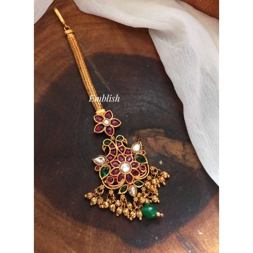 Gold alike Antique Double Peacock Tikka  - Red with Green
