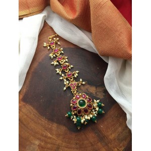 Gold aike Antique Flower Tikka with Double Beads - Red with Green