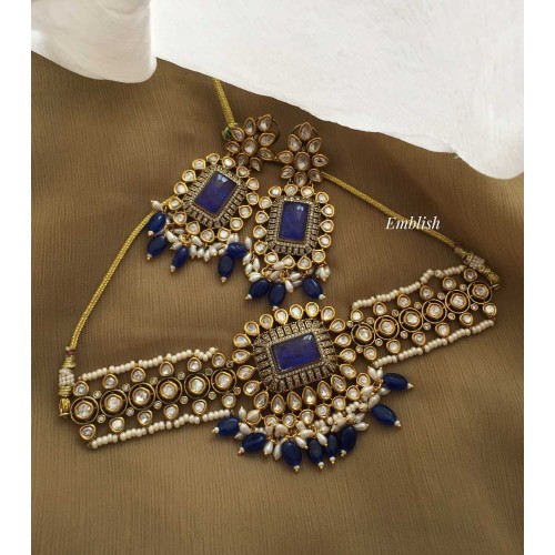 Victorian with Kundan Pearl High neck  Choker - Royal Blue