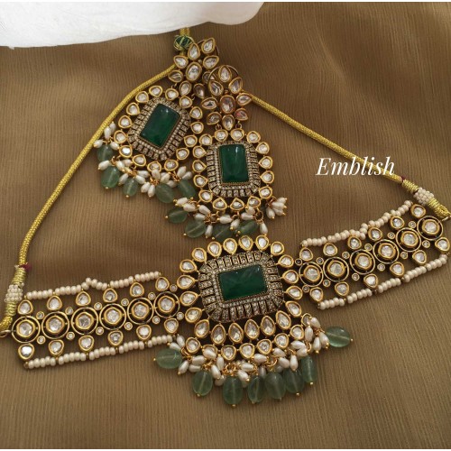 Victorian with Kundan Pearl High neck Choker - Pastel Green