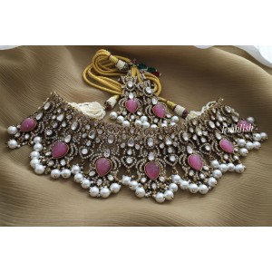 Victorian grand Flower intricate work closed neck choker -Pastel pink