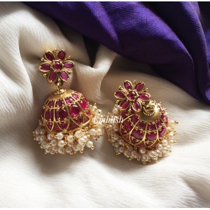 Kemp flower Pearl bunch jhumkas - Red