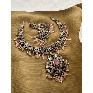 Victorian Flower Haathi Peacock Neckpiece - Pastel Pink