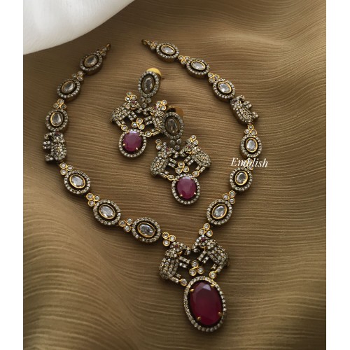 Victorian Double Haathi Neckpiece - Red