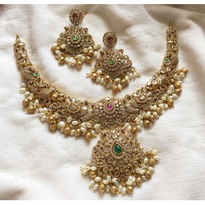 Ad Double Peacock Haathi Rice Pearl Neckpiece