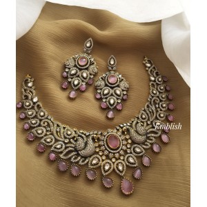 Victorian Flower with Double Peacock Short Neckpiece - Pastel pink