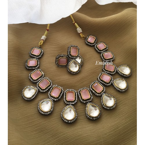 Victorian kundan drop classy  Neckpiece - Pastel Pink