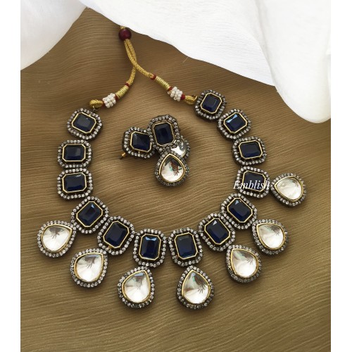  Victorian kundan drop classy Neckpiece - Dark or navy blue