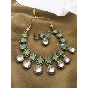 Victorian kundan drop classy  Neckpiece - Mint Green