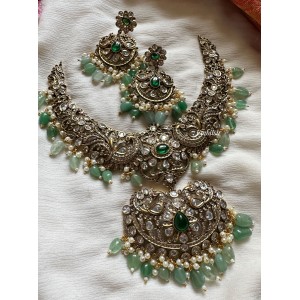 Victorian Flower intricate with double Peacock Neckpiece - Green 