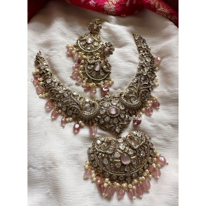 Victorian Flower intricate with double Peacock Neckpiece - Pastel Pink