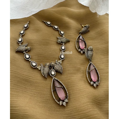 Victorian Parrot Tear Drop Neckpiece - Pastel Pink