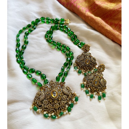 Victorian Flower Double Peacock Pendant Pearl Neckpiece - Green