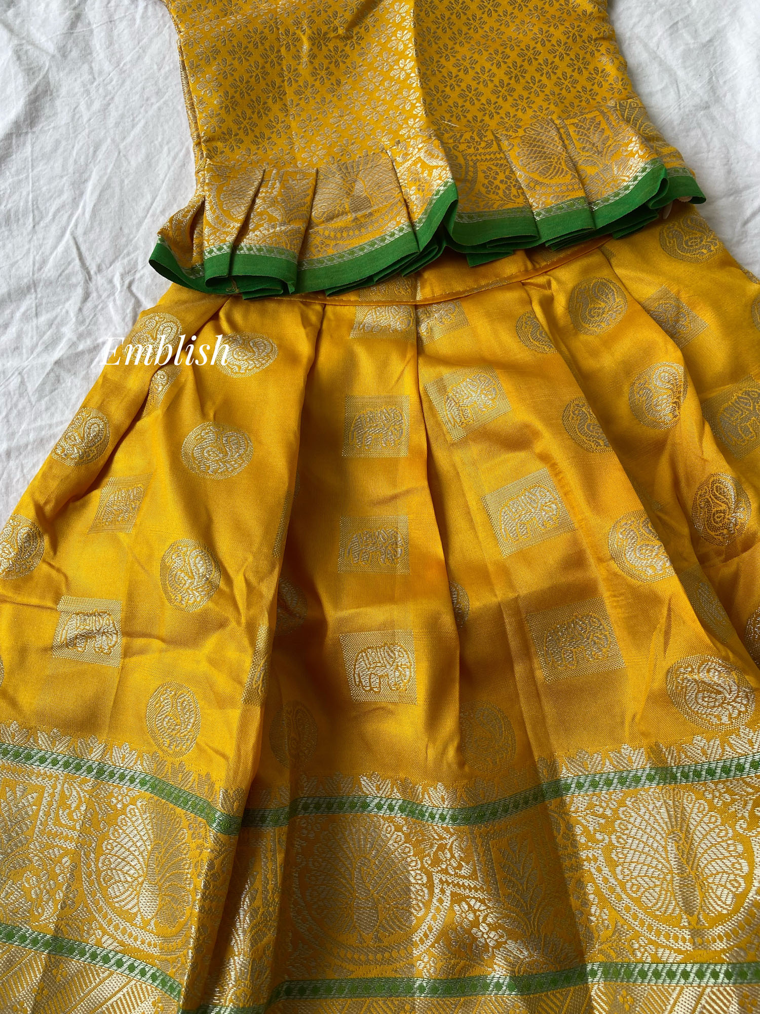 Traditional Pattu pavadai or Lehenga set - Yellow with Parrot Green