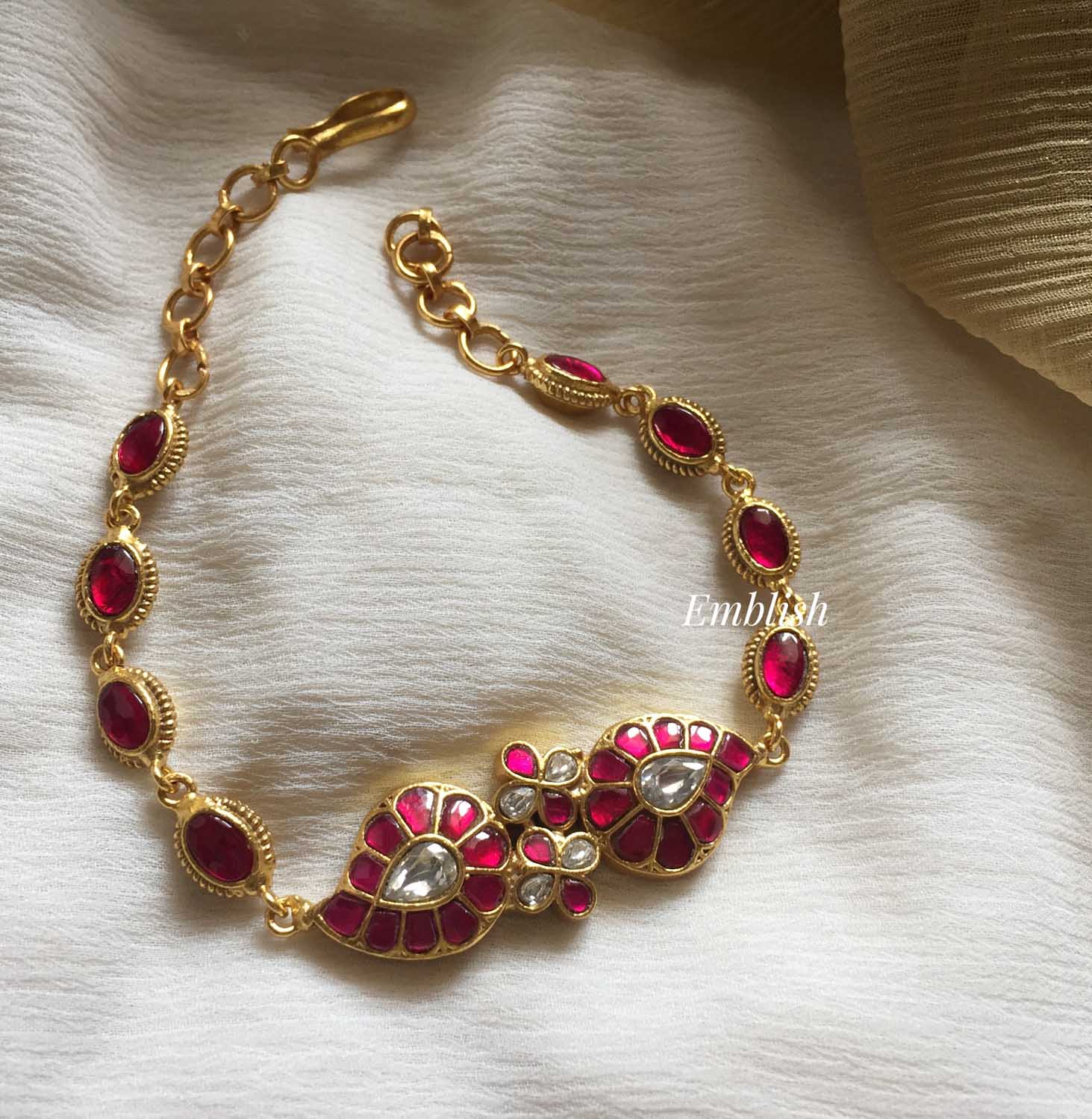 Antique Kundan Jadau Mango Bracelet - Red