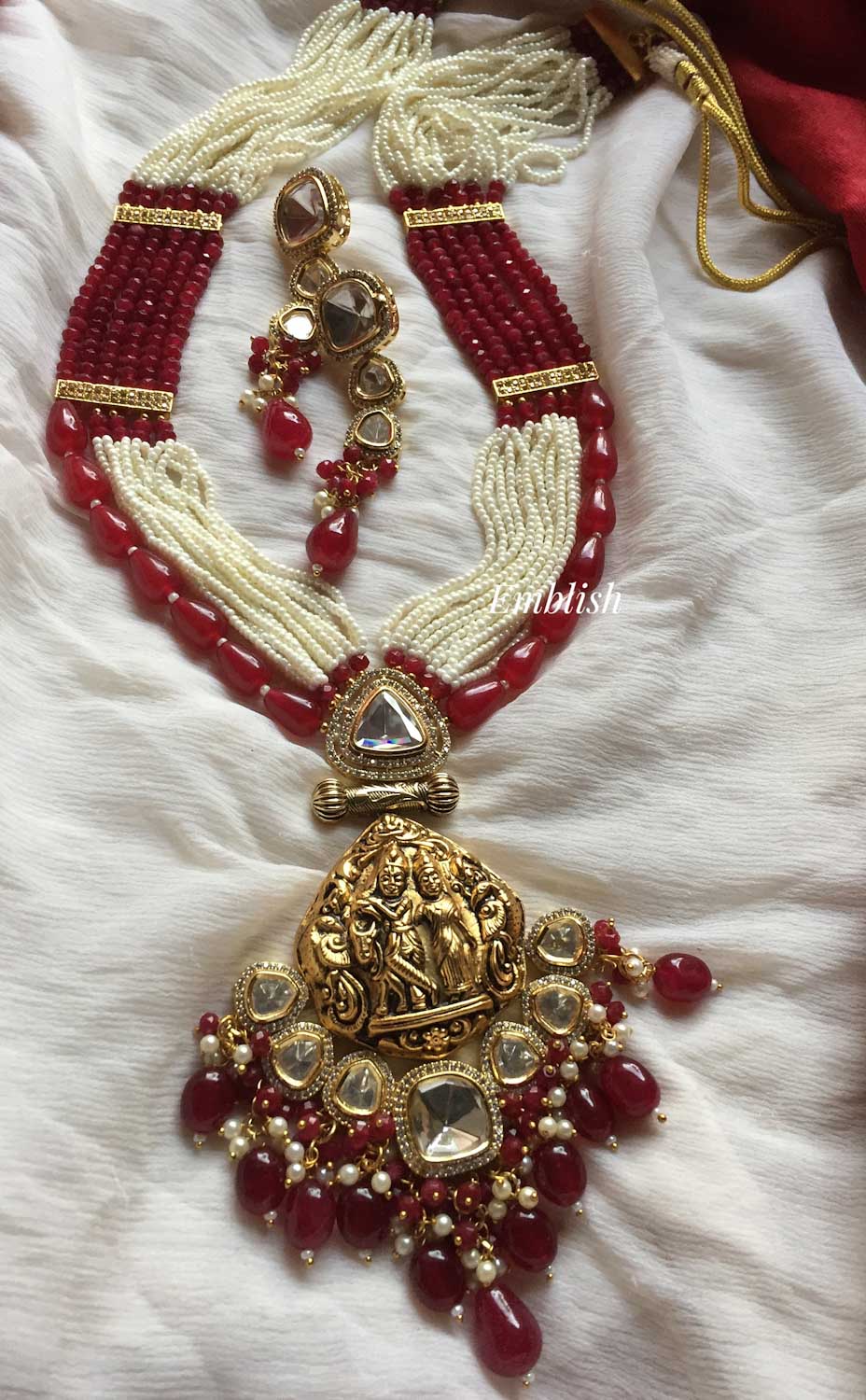 Kundan Drop Semi agate precious beads temple neckpiece-Lord Krishna