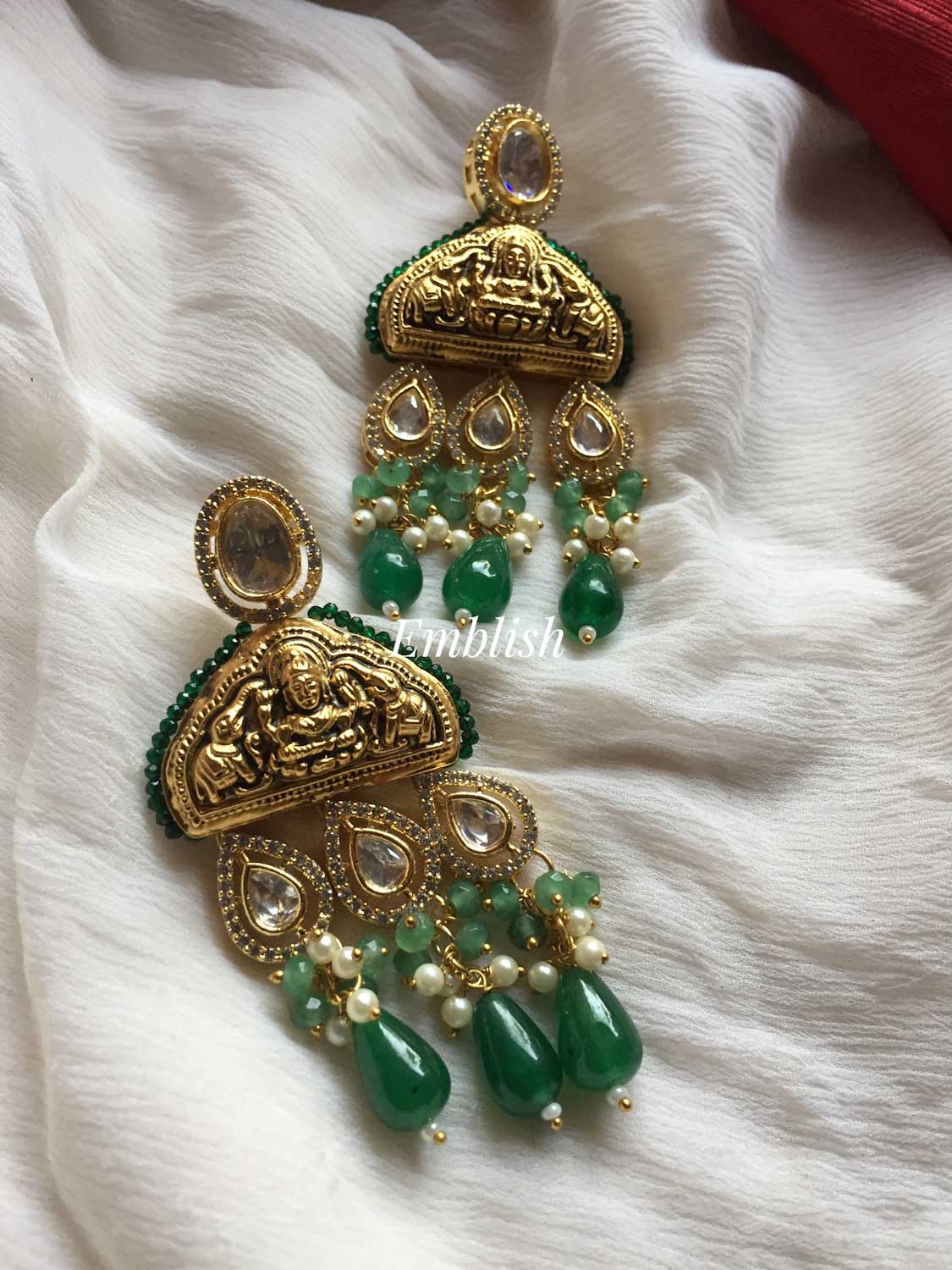 Kundan Drop Semi agate precious beads temple neckpiece -Lakshmi 