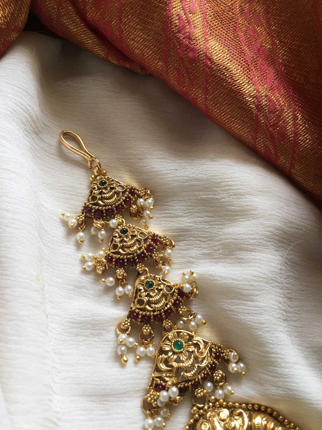 Lakshmi with double peacock Flower Tikka - Green Beads
