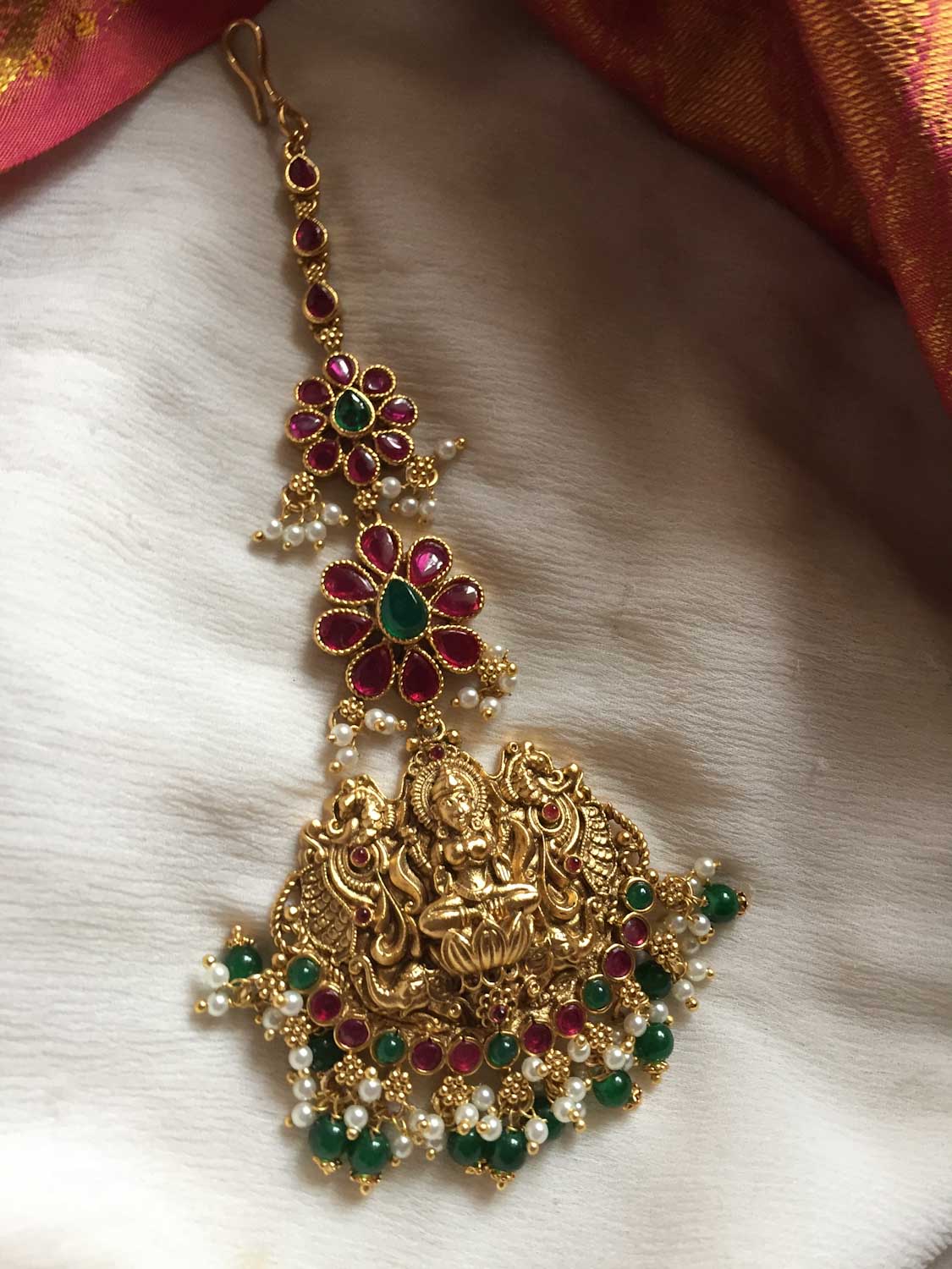 Lakshmi with double peacock Flower Tikka - Green Beads