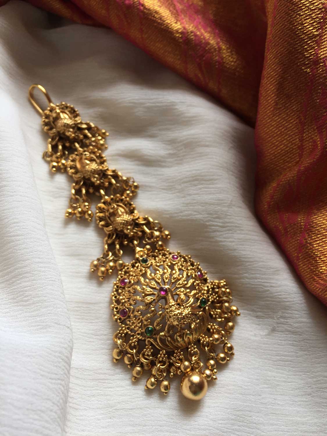 Antique Peacock Dancing with Gold Drops Tikka